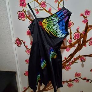 iShine Women's Plus Black with Rainbow Butterfly Embroidery One Shoulder Dress